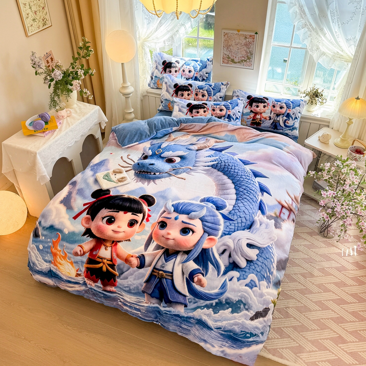 91家纺网 家纺一手货源 找家纺 馨语家居 2025新款直播热款高克重保暖卡通牛奶绒印花四件套 神龙哪吒