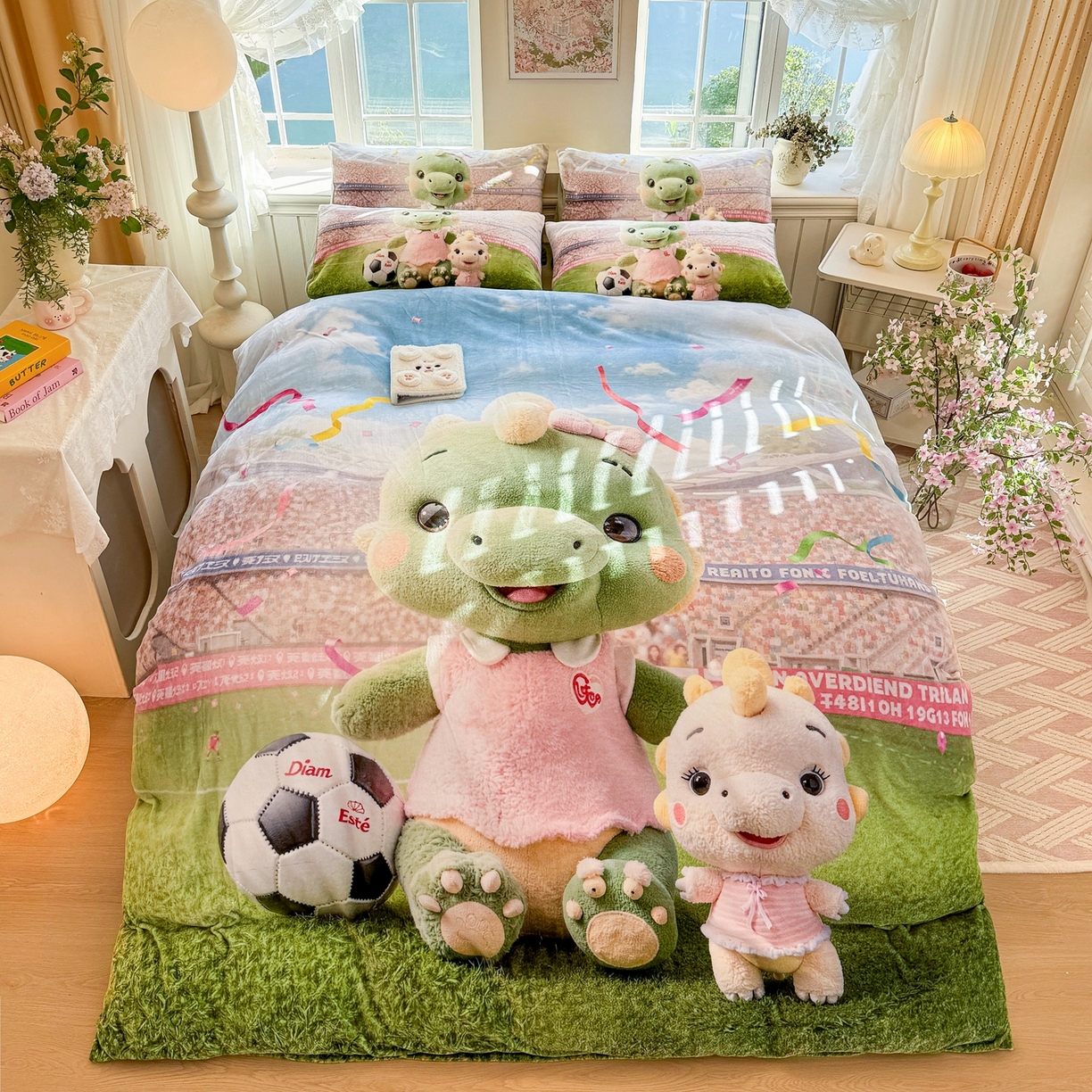 91家纺网 家纺一手货源 找家纺 馨语家居 2025新款直播热款高克重保暖卡通牛奶绒印花四件套 恐龙球队