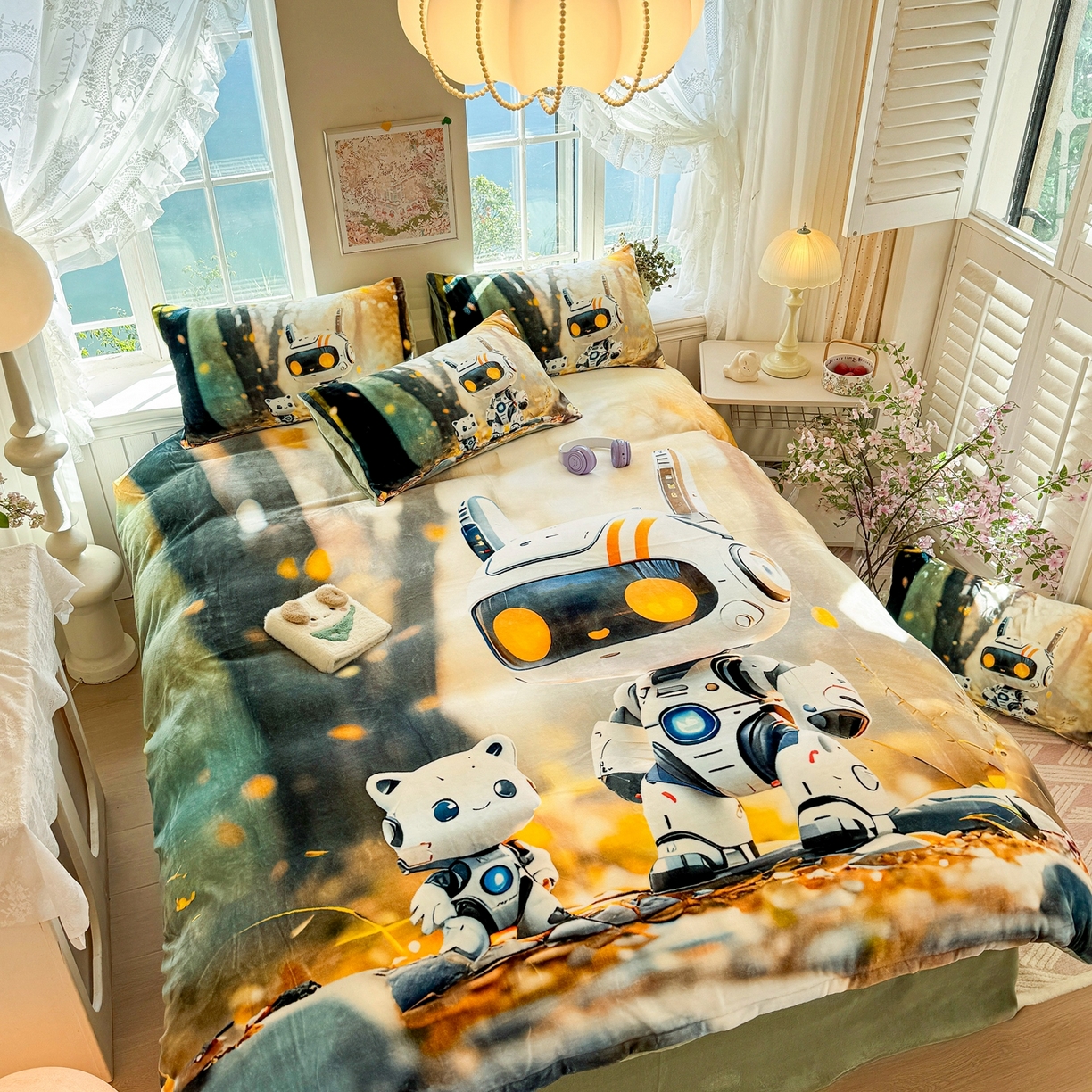 91家纺网 家纺一手货源 找家纺 馨语家居 2025新款直播热款高克重保暖卡通牛奶绒印花四件套 未来萌宠