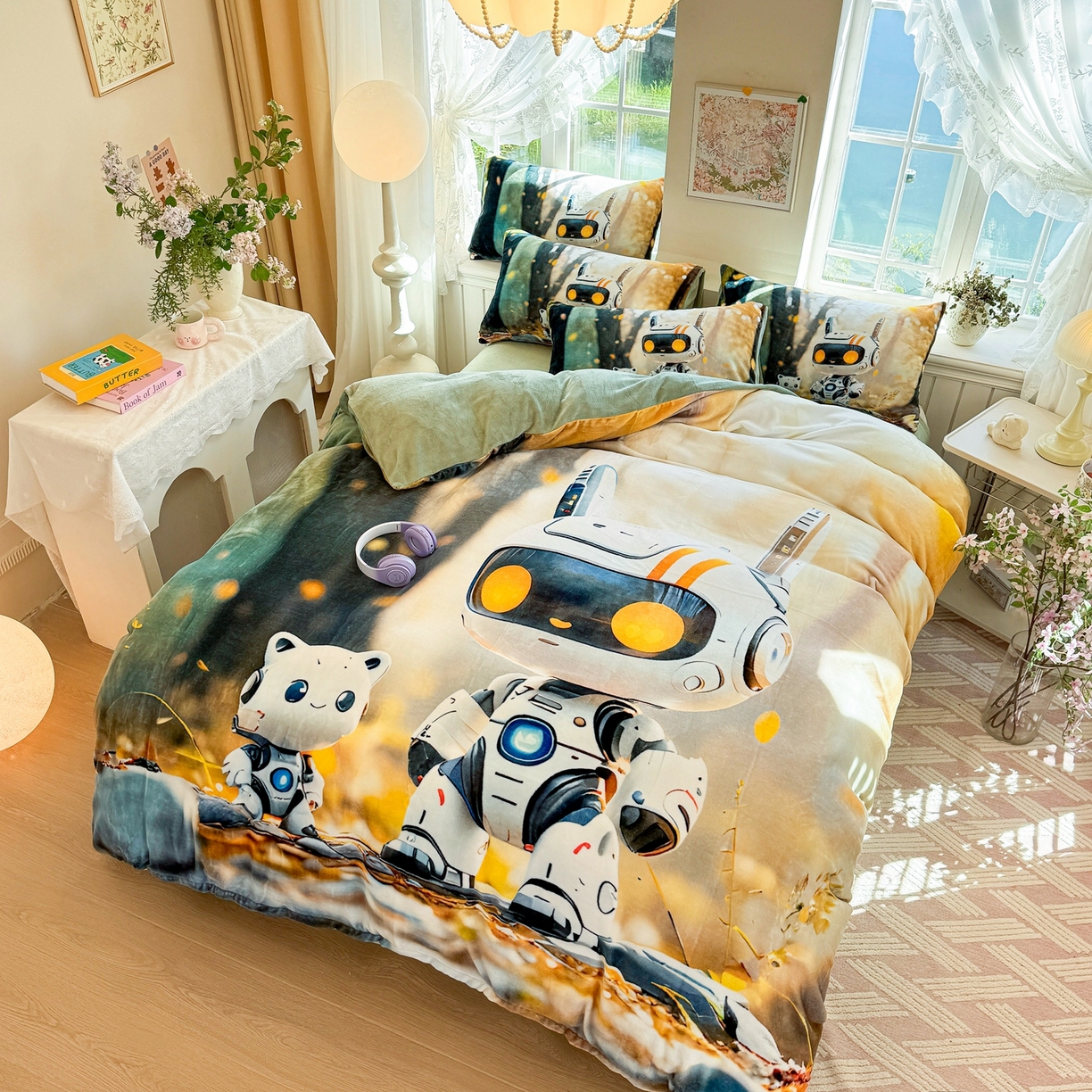 91家纺网 家纺一手货源 找家纺 馨语家居 2025新款直播热款高克重保暖卡通牛奶绒印花四件套 未来萌宠