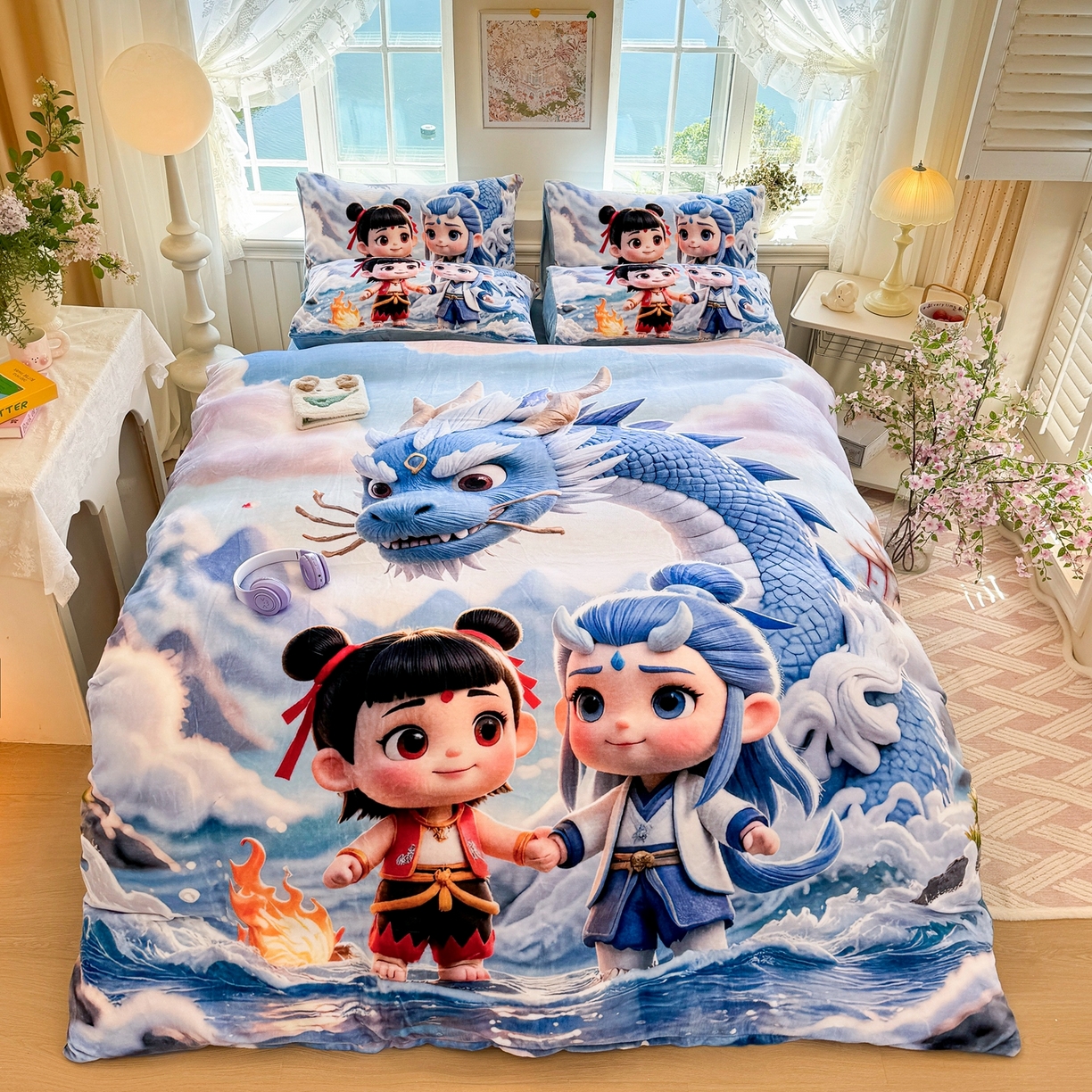 91家纺网 家纺一手货源 找家纺 馨语家居 2025新款直播热款高克重保暖卡通牛奶绒印花四件套 神龙哪吒