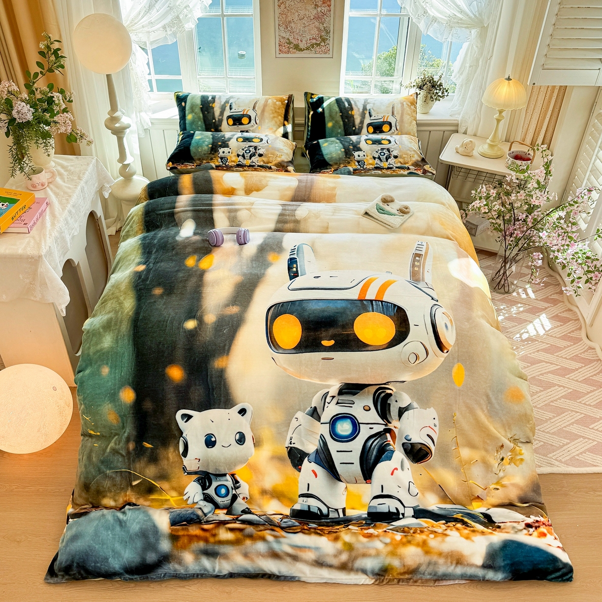 91家纺网 家纺一手货源 找家纺 馨语家居 2025新款直播热款高克重保暖卡通牛奶绒印花四件套 未来萌宠