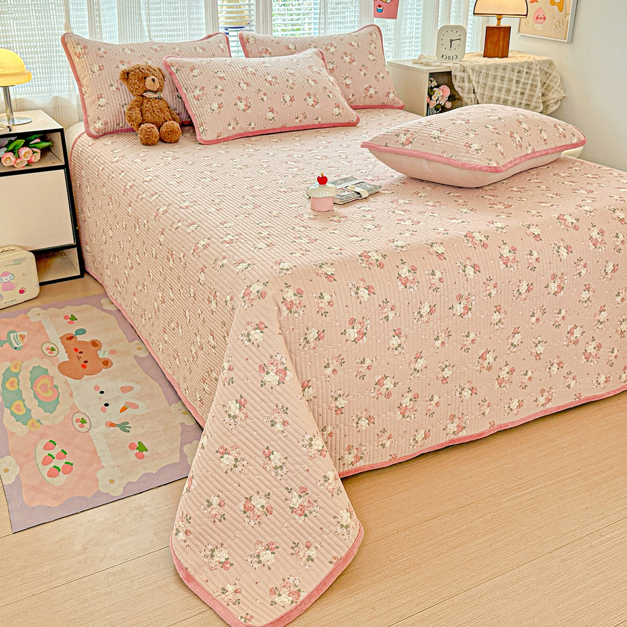 91家纺网 家纺一手货源 找家纺 恒尚居 2025新款全棉牛奶绒床盖四季可用纯棉夹棉床单床褥垫三件套-秋冬款系列三 晚庭粉【A纯棉-B牛奶绒】