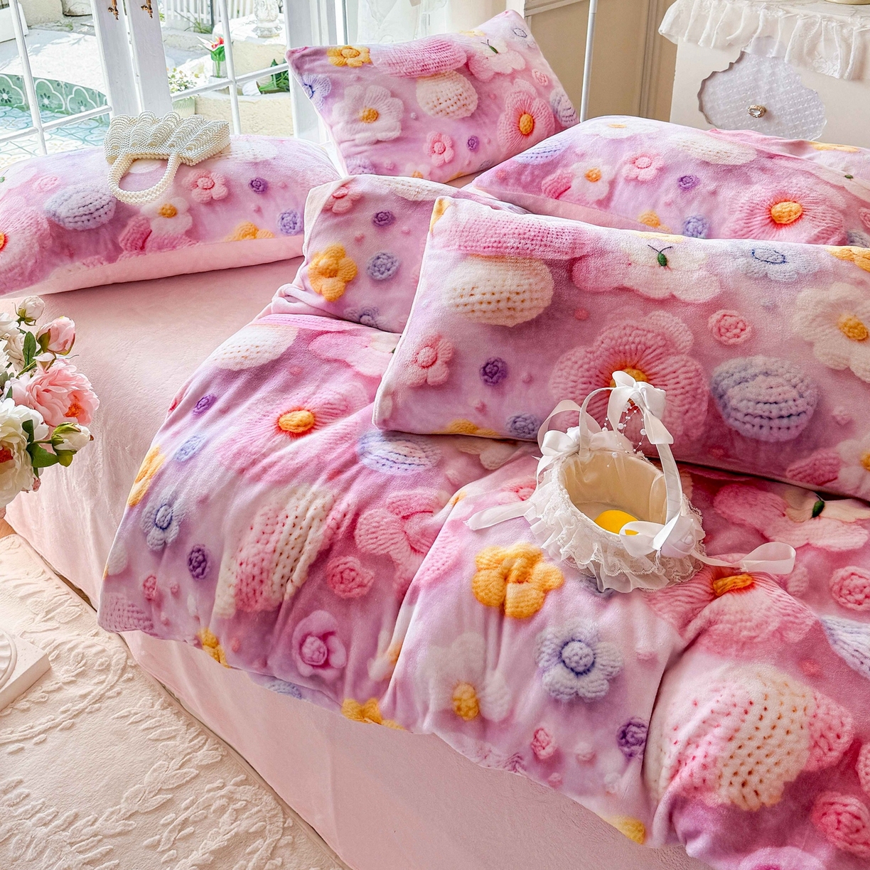 91家纺网 家纺一手货源 找家纺 馨语家居 2025新款直播热款高克重保暖卡通牛奶绒印花四件套 一路生花