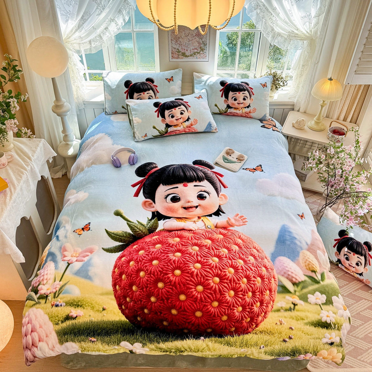 91家纺网 家纺一手货源 找家纺 馨语家居 2025新款直播热款高克重保暖卡通牛奶绒印花四件套 草莓哪吒