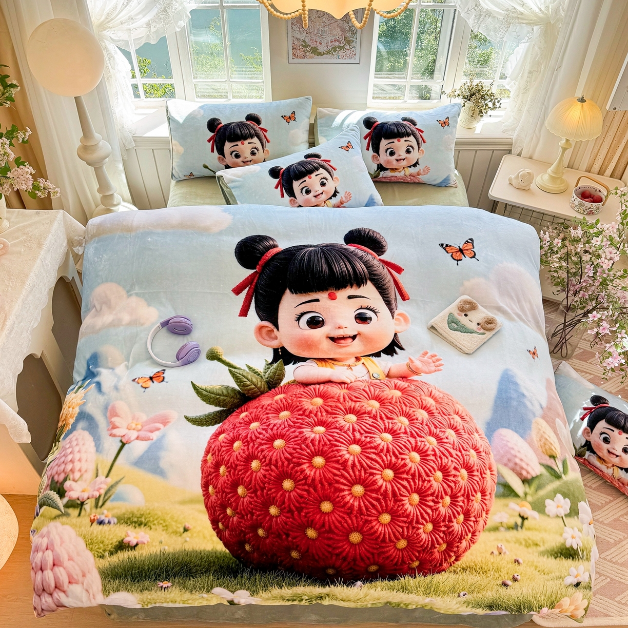 91家纺网 家纺一手货源 找家纺 馨语家居 2025新款直播热款高克重保暖卡通牛奶绒印花四件套 草莓哪吒