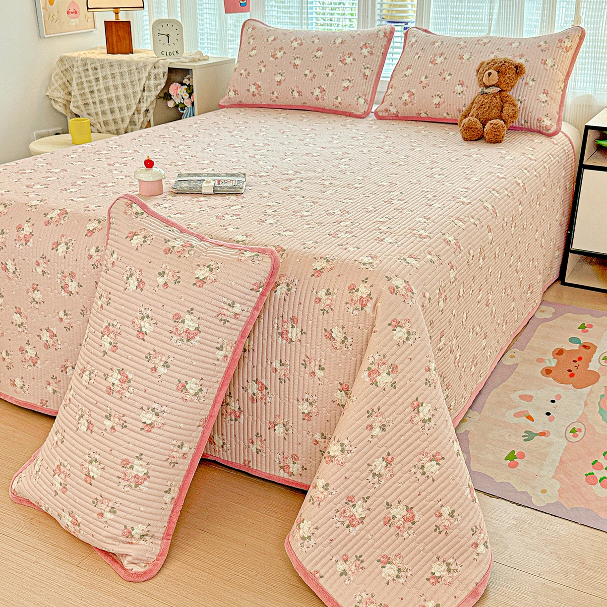 91家纺网 家纺一手货源 找家纺 恒尚居 2025新款全棉牛奶绒床盖四季可用纯棉夹棉床单床褥垫三件套-秋冬款系列三 晚庭粉【A纯棉-B牛奶绒】