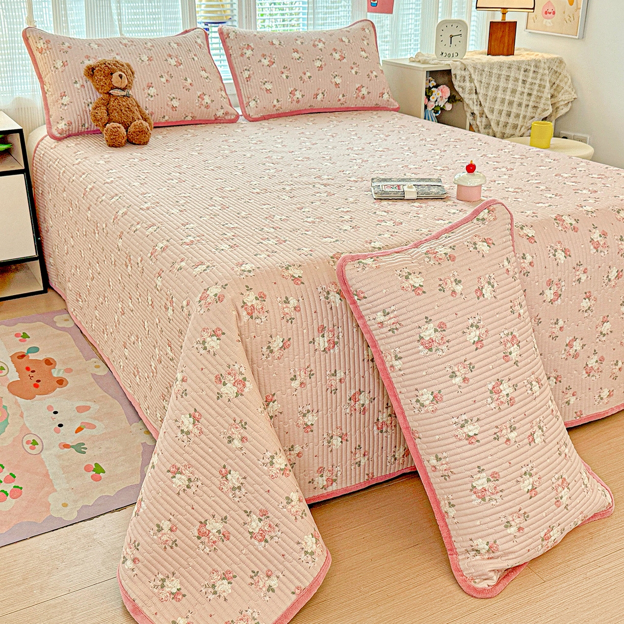 91家纺网 家纺一手货源 找家纺 恒尚居 2025新款全棉牛奶绒床盖四季可用纯棉夹棉床单床褥垫三件套-秋冬款系列三 晚庭粉【A纯棉-B牛奶绒】