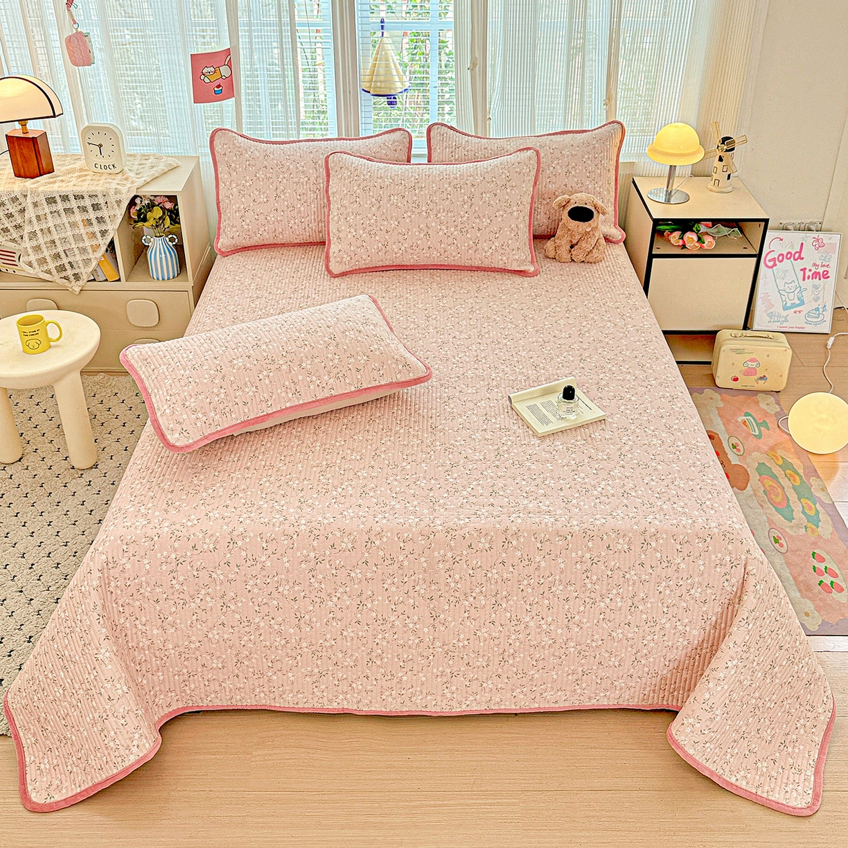 91家纺网 家纺一手货源 找家纺 恒尚居 2025新款全棉牛奶绒床盖四季可用纯棉夹棉床单床褥垫三件套-秋冬款系列三 樱花灿灿【A纯棉-B牛奶绒】