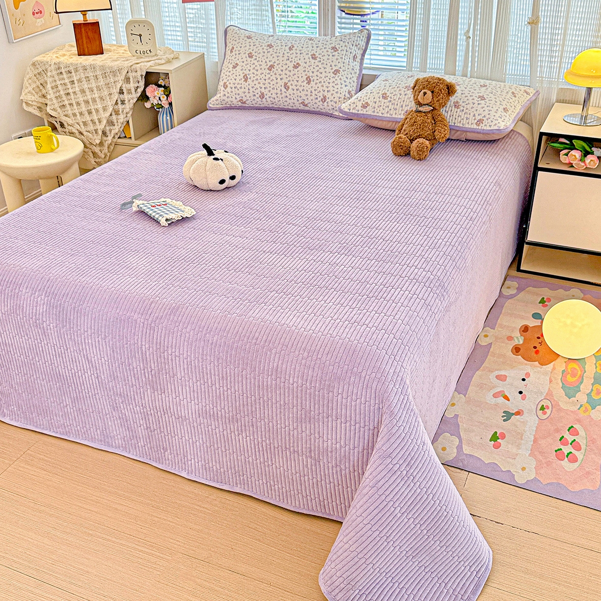 91家纺网 家纺一手货源 找家纺 恒尚居 2025新款全棉牛奶绒床盖四季可用纯棉夹棉床单床褥垫三件套-秋冬款系列三 清茶小熊【A纯棉-B牛奶绒】