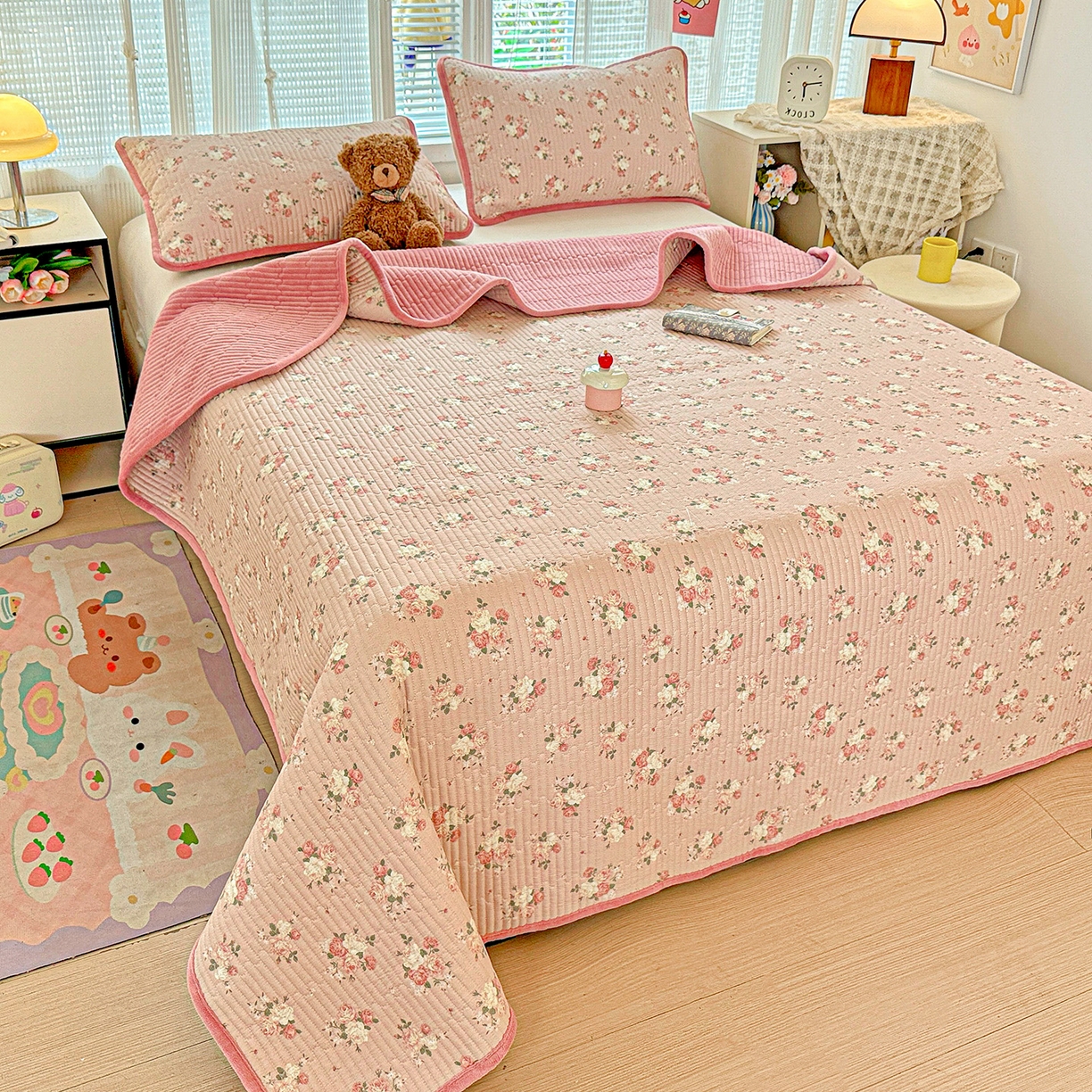 91家纺网 家纺一手货源 找家纺 恒尚居 2025新款全棉牛奶绒床盖四季可用纯棉夹棉床单床褥垫三件套-秋冬款系列三 晚庭粉【A纯棉-B牛奶绒】