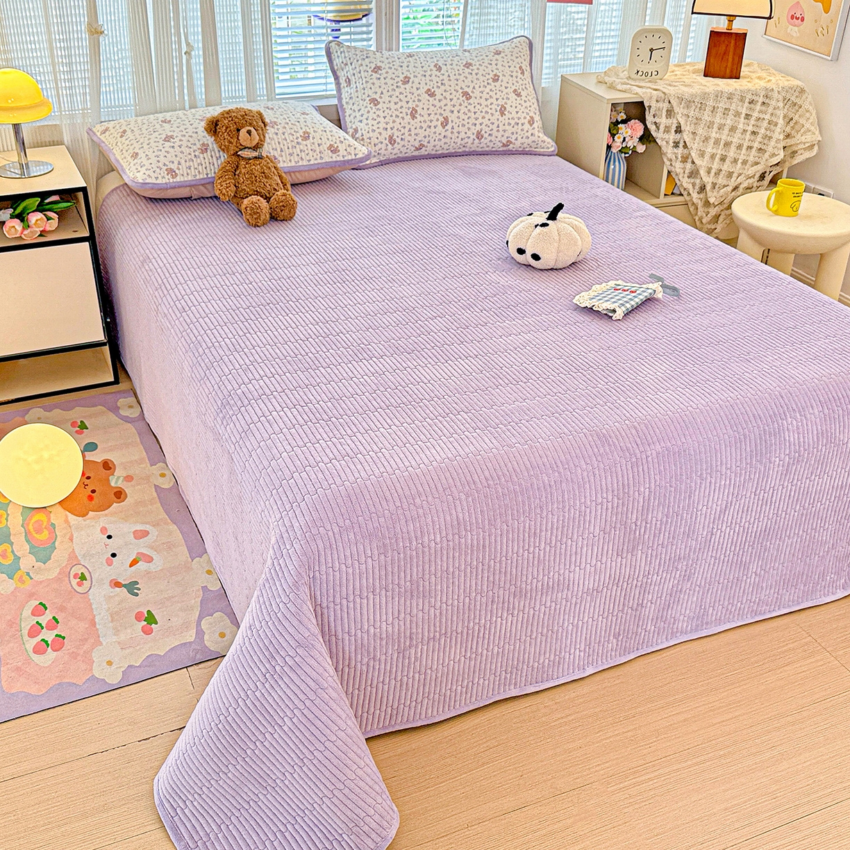 91家纺网 家纺一手货源 找家纺 恒尚居 2025新款全棉牛奶绒床盖四季可用纯棉夹棉床单床褥垫三件套-秋冬款系列三 清茶小熊【A纯棉-B牛奶绒】