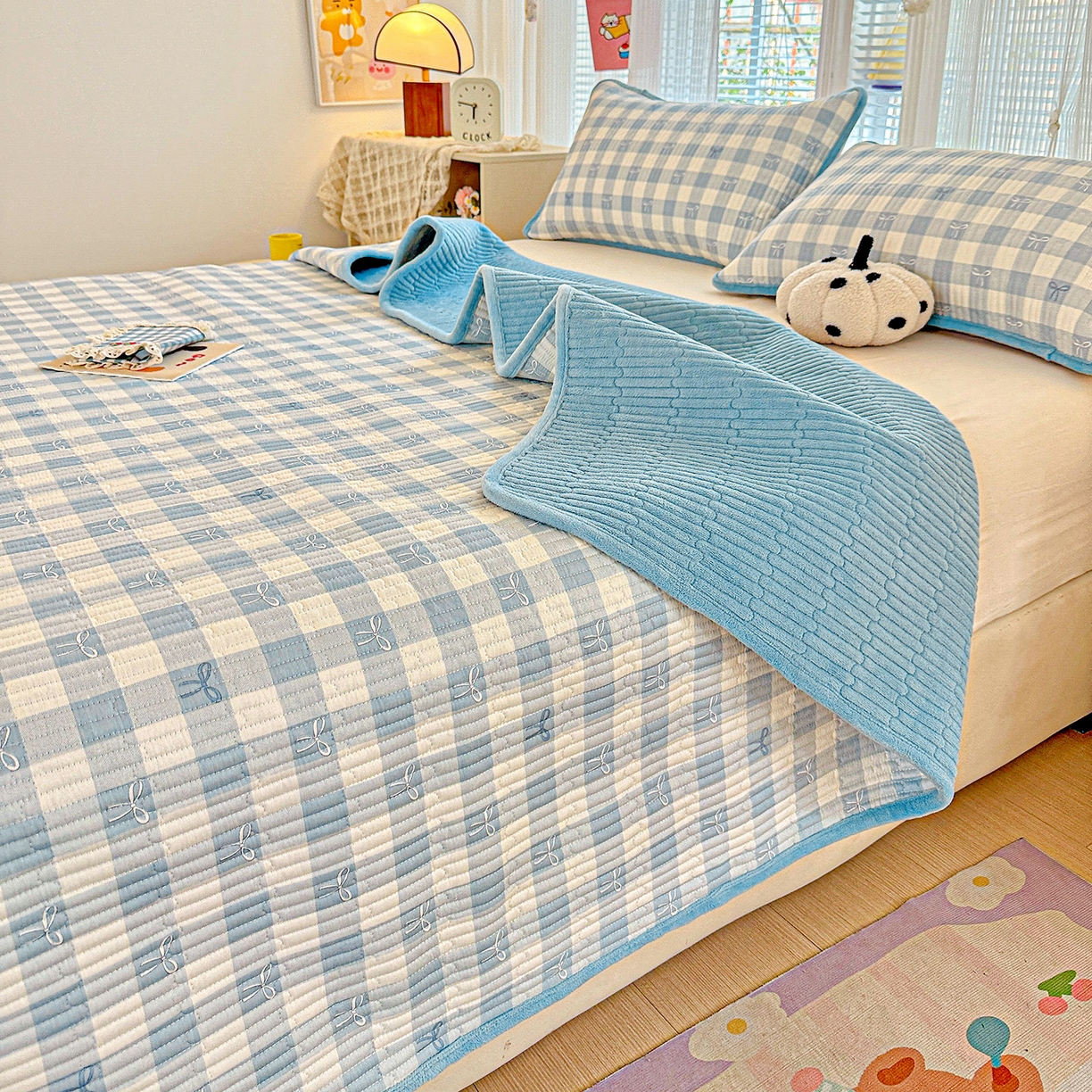 恒尚居 2025新款全棉牛奶绒床盖四季可用纯棉夹棉床单床褥垫三件套-秋冬款系列三 青春兰【A纯棉-B牛奶绒】