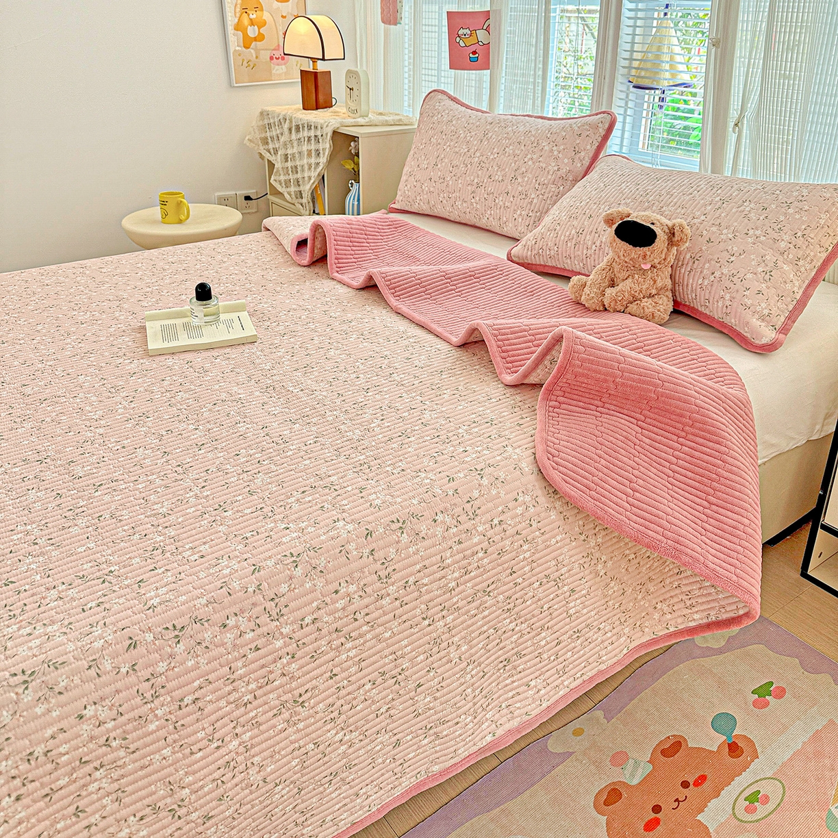 恒尚居 2025新款全棉牛奶绒床盖四季可用纯棉夹棉床单床褥垫三件套-秋冬款系列三 樱花灿灿【A纯棉-B牛奶绒】