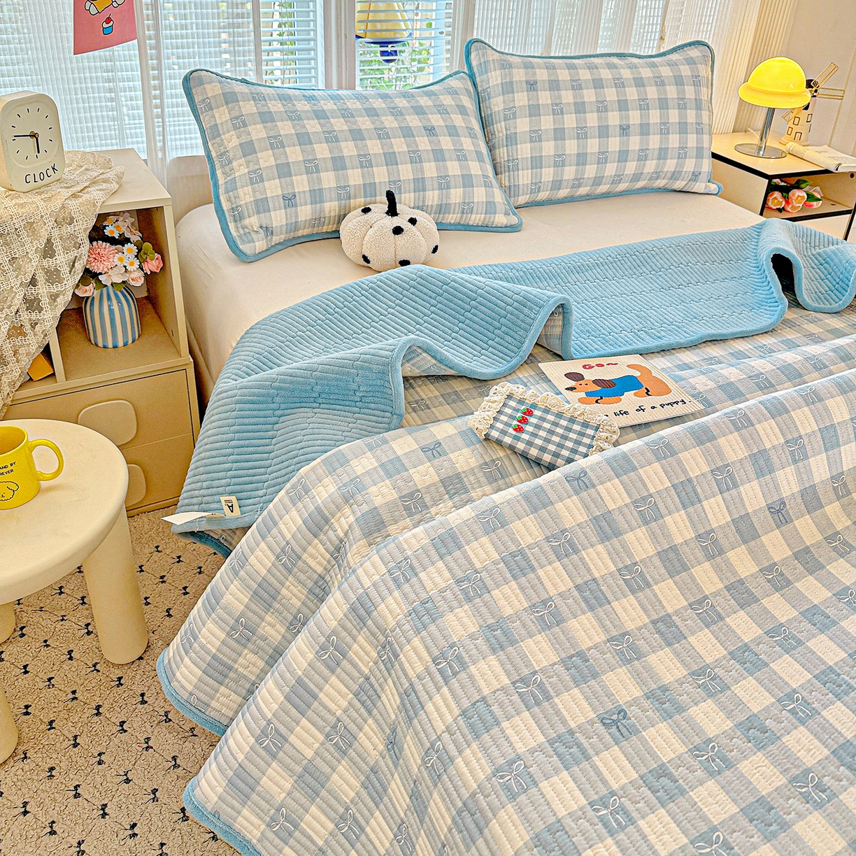 91家纺网 家纺一手货源 找家纺 恒尚居 2025新款全棉牛奶绒床盖四季可用纯棉夹棉床单床褥垫三件套-秋冬款系列三 青春兰【A纯棉-B牛奶绒】