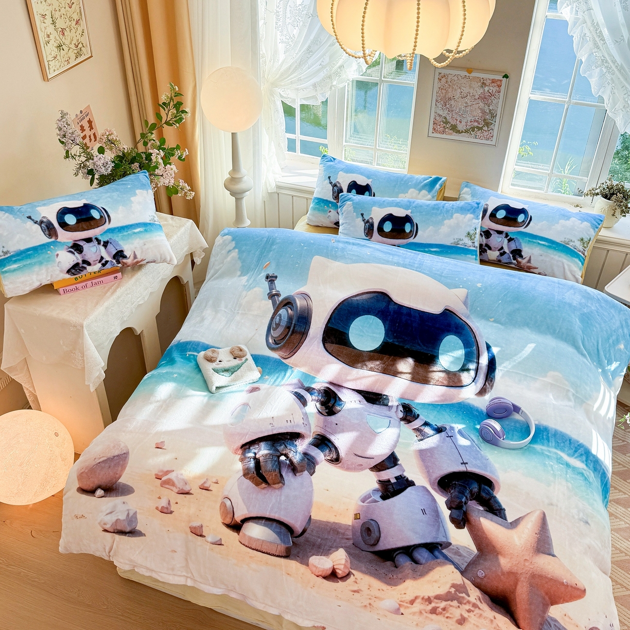 91家纺网 家纺一手货源 找家纺 馨语家居 2025新款直播热款高克重保暖卡通牛奶绒印花四件套 海洋机器人