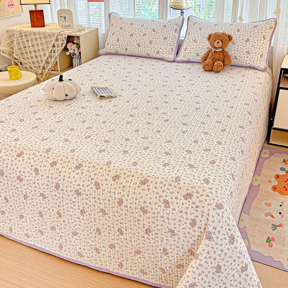 91家纺网 家纺一手货源 找家纺 恒尚居 2025新款全棉牛奶绒床盖四季可用纯棉夹棉床单床褥垫三件套-秋冬款系列三 清茶小熊【A纯棉-B牛奶绒】