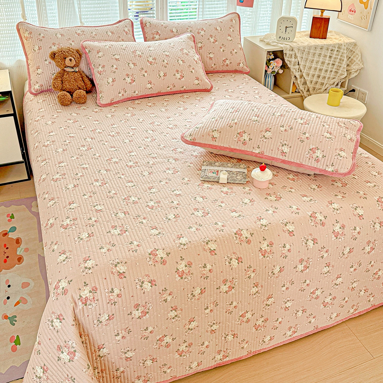 91家纺网 家纺一手货源 找家纺 恒尚居 2025新款全棉牛奶绒床盖四季可用纯棉夹棉床单床褥垫三件套-秋冬款系列三 晚庭粉【A纯棉-B牛奶绒】