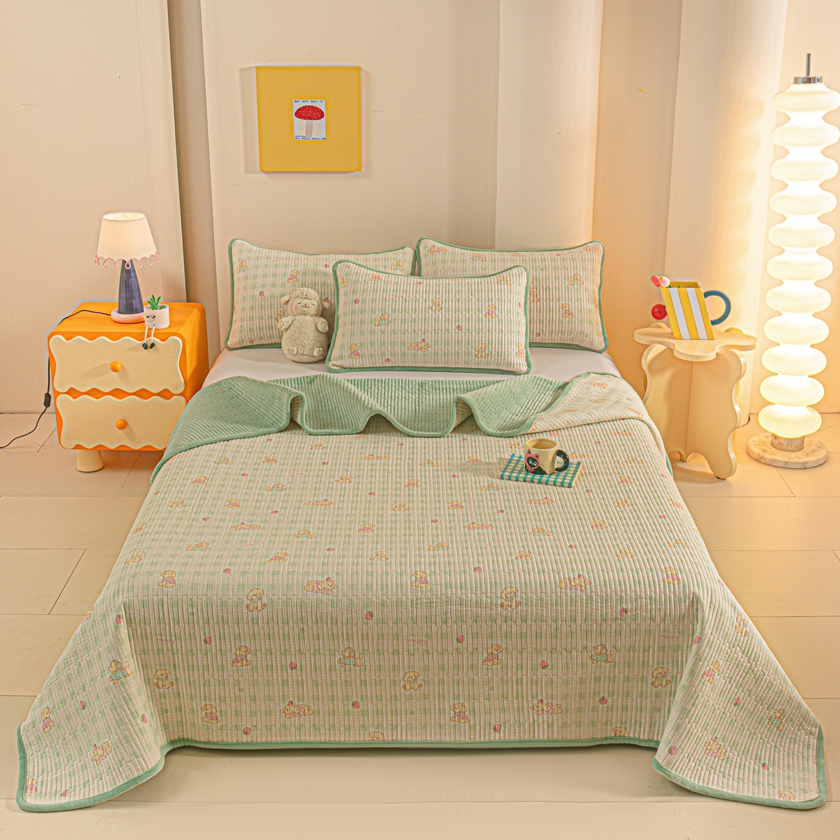 91家纺网 家纺一手货源 找家纺 恒尚居 2025新款全棉牛奶绒床盖四季可用纯棉夹棉床单床褥垫三件套-秋冬款系列三 甜心旺旺【A纯棉-B牛奶绒】