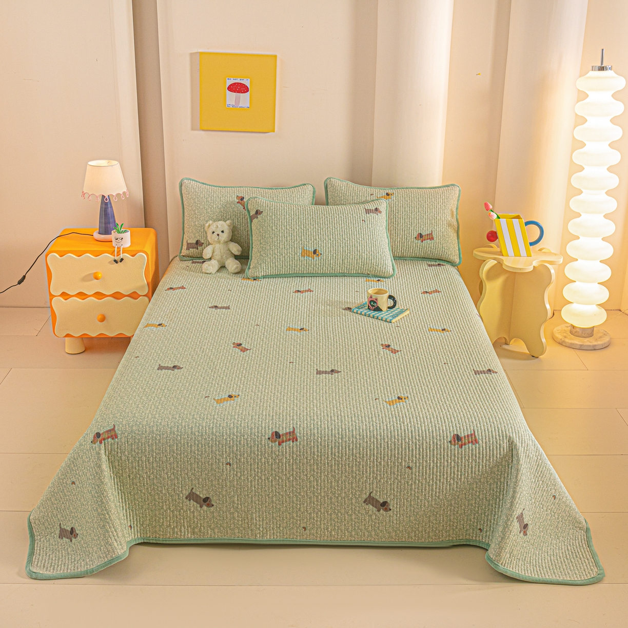 91家纺网 家纺一手货源 找家纺 恒尚居 2025新款全棉牛奶绒床盖四季可用纯棉夹棉床单床褥垫三件套-秋冬款系列三 布丁狗【A纯棉-B牛奶绒】