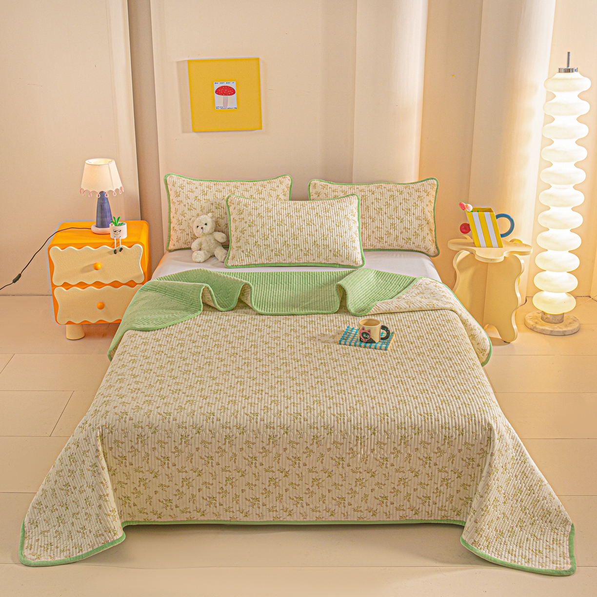 91家纺网 家纺一手货源 找家纺 恒尚居 2025新款全棉牛奶绒床盖四季可用纯棉夹棉床单床褥垫三件套-秋冬款系列三 香草园【A纯棉-B牛奶绒】