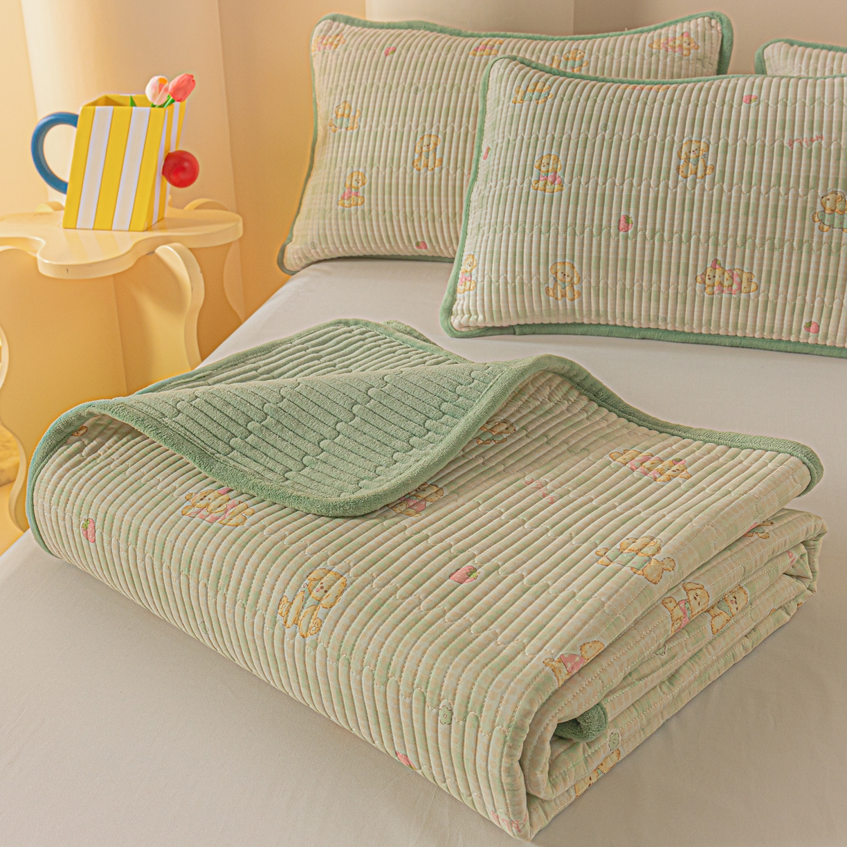 91家纺网 家纺一手货源 找家纺 恒尚居 2025新款全棉牛奶绒床盖四季可用纯棉夹棉床单床褥垫三件套-秋冬款系列三 甜心旺旺【A纯棉-B牛奶绒】