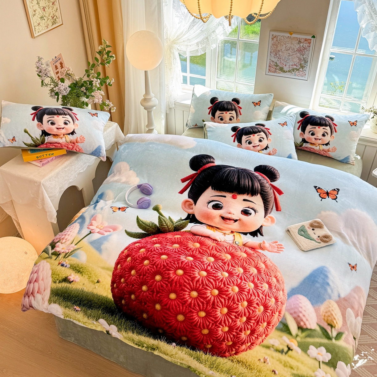 91家纺网 家纺一手货源 找家纺 馨语家居 2025新款直播热款高克重保暖卡通牛奶绒印花四件套 草莓哪吒