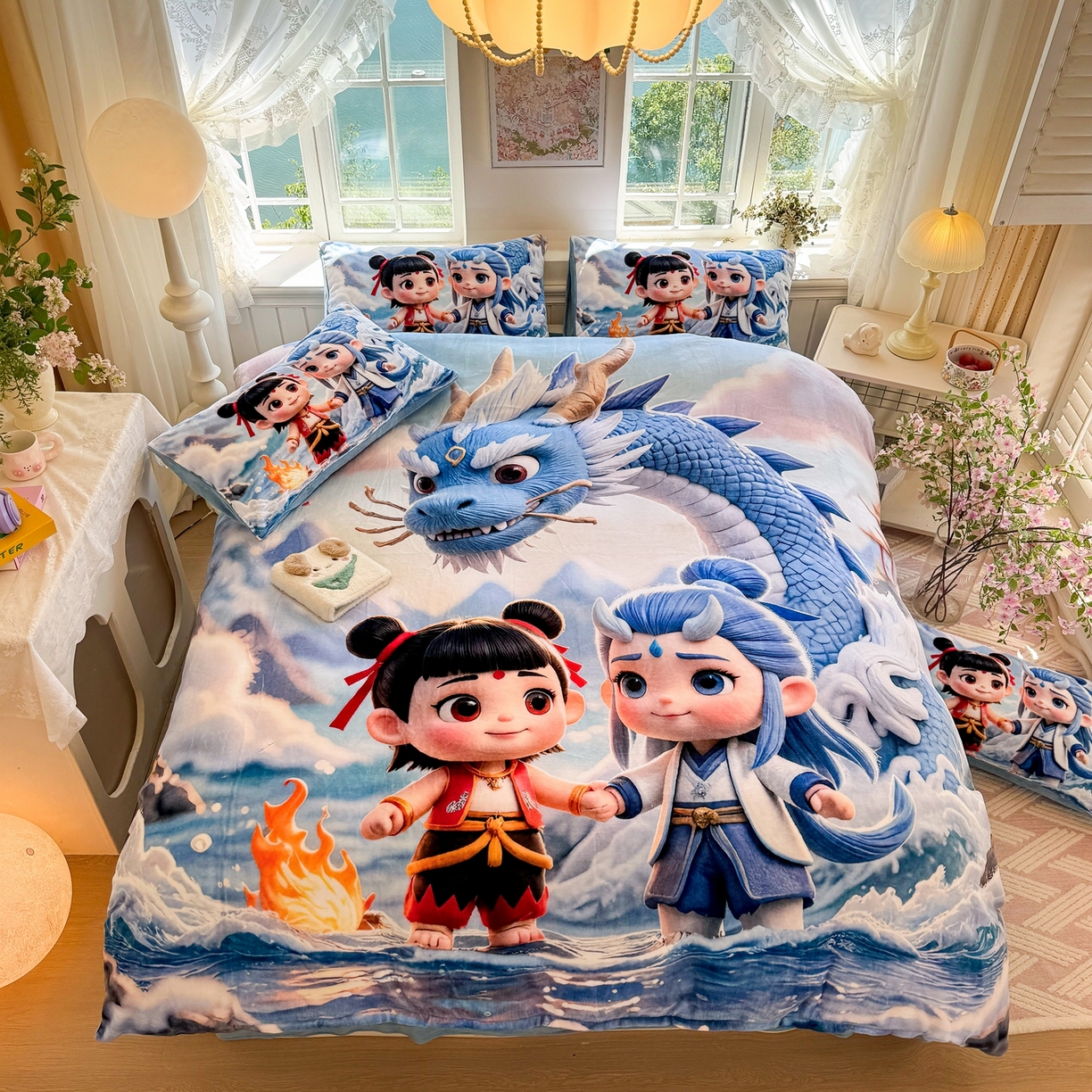 91家纺网 家纺一手货源 找家纺 馨语家居 2025新款直播热款高克重保暖卡通牛奶绒印花四件套 神龙哪吒