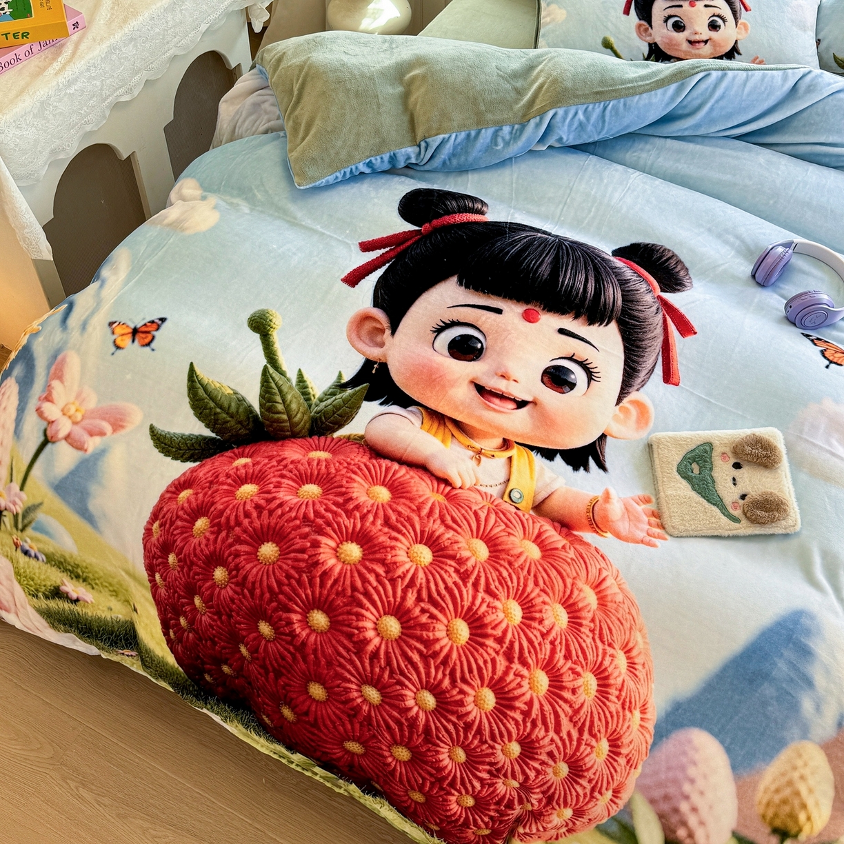 91家纺网 家纺一手货源 找家纺 馨语家居 2025新款直播热款高克重保暖卡通牛奶绒印花四件套 草莓哪吒