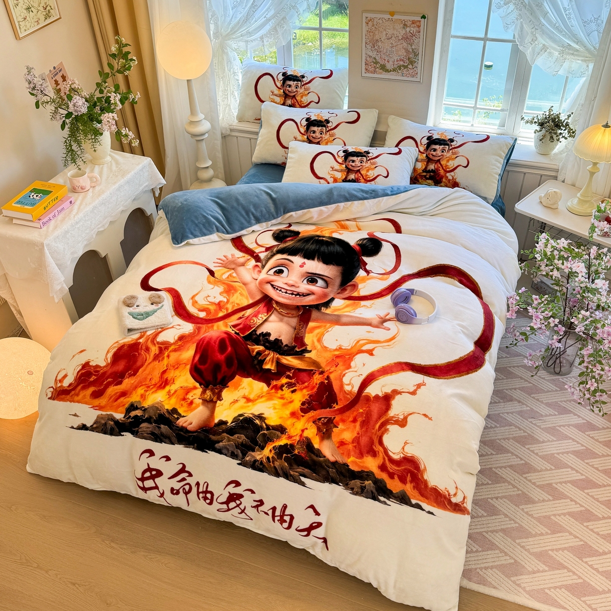 91家纺网 家纺一手货源 找家纺 馨语家居 2025新款直播热款高克重保暖卡通牛奶绒印花四件套 浴火哪吒