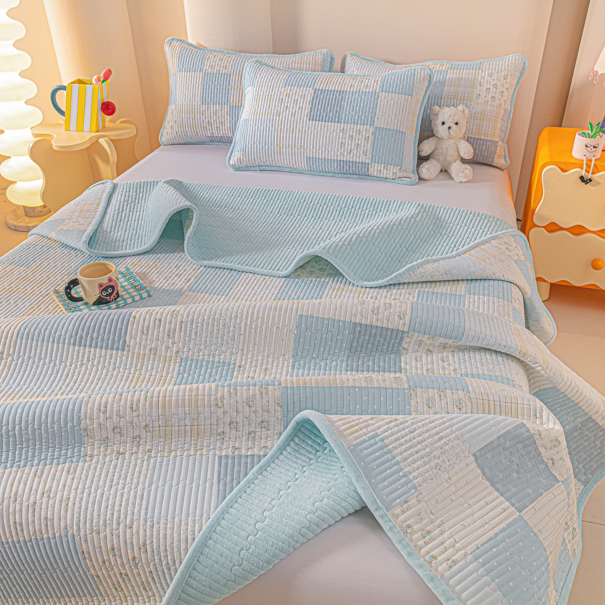 91家纺网 家纺一手货源 找家纺 恒尚居 2025新款全棉牛奶绒床盖四季可用纯棉夹棉床单床褥垫三件套-秋冬款系列三 芳菲-蓝【A纯棉-B牛奶绒】