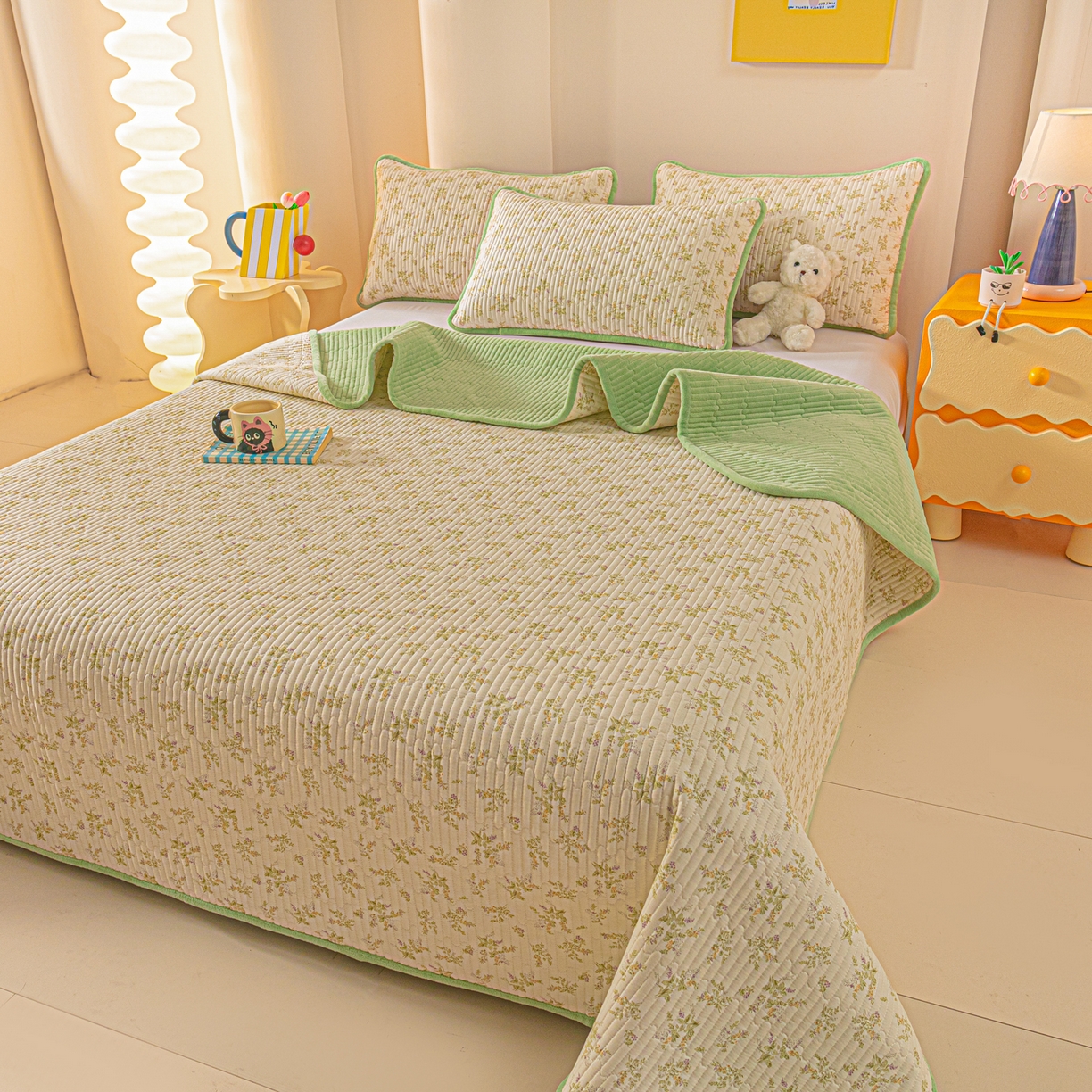 91家纺网 家纺一手货源 找家纺 恒尚居 2025新款全棉牛奶绒床盖四季可用纯棉夹棉床单床褥垫三件套-秋冬款系列三 香草园【A纯棉-B牛奶绒】