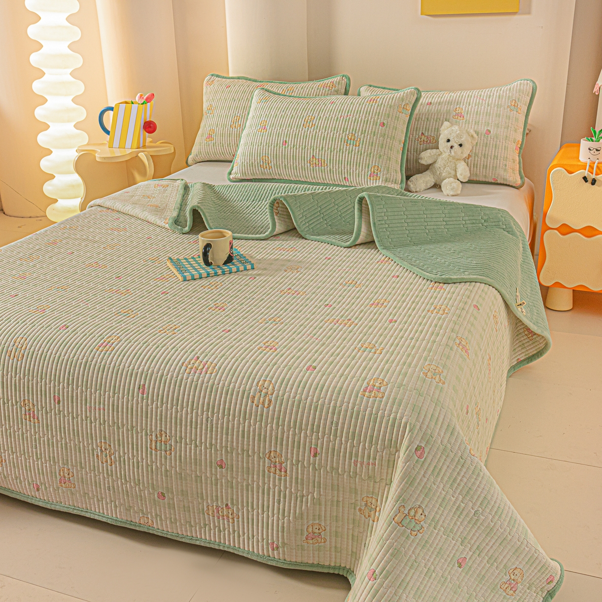 91家纺网 家纺一手货源 找家纺 恒尚居 2025新款全棉牛奶绒床盖四季可用纯棉夹棉床单床褥垫三件套-秋冬款系列三 甜心旺旺【A纯棉-B牛奶绒】