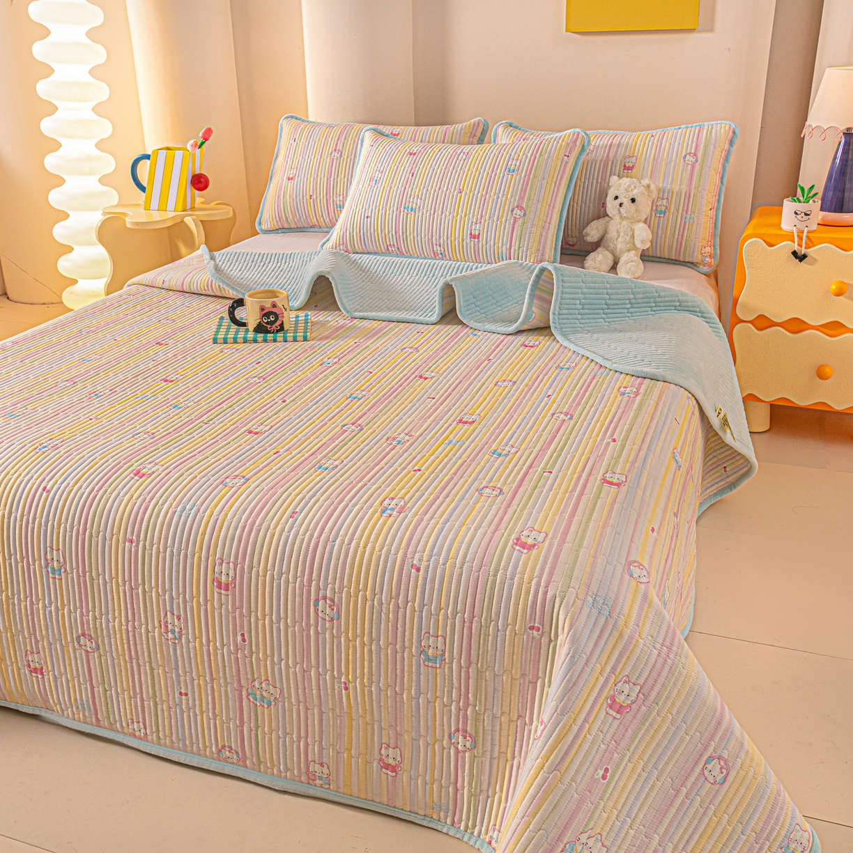 91家纺网 家纺一手货源 找家纺 恒尚居 2025新款全棉牛奶绒床盖四季可用纯棉夹棉床单床褥垫三件套-秋冬款系列三 彩虹猫【A纯棉-B牛奶绒】