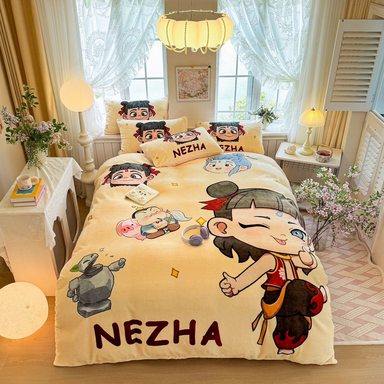91家纺网 家纺一手货源 找家纺 馨语家居 2025新款直播热款高克重保暖卡通牛奶绒印花四件套 少年哪吒
