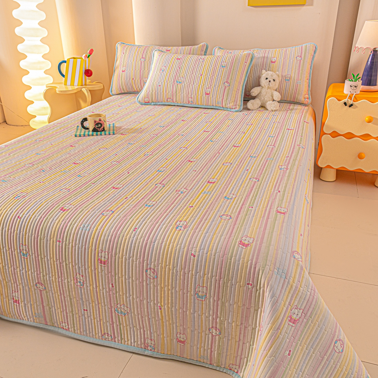 91家纺网 家纺一手货源 找家纺 恒尚居 2025新款全棉牛奶绒床盖四季可用纯棉夹棉床单床褥垫三件套-秋冬款系列三 彩虹猫【A纯棉-B牛奶绒】