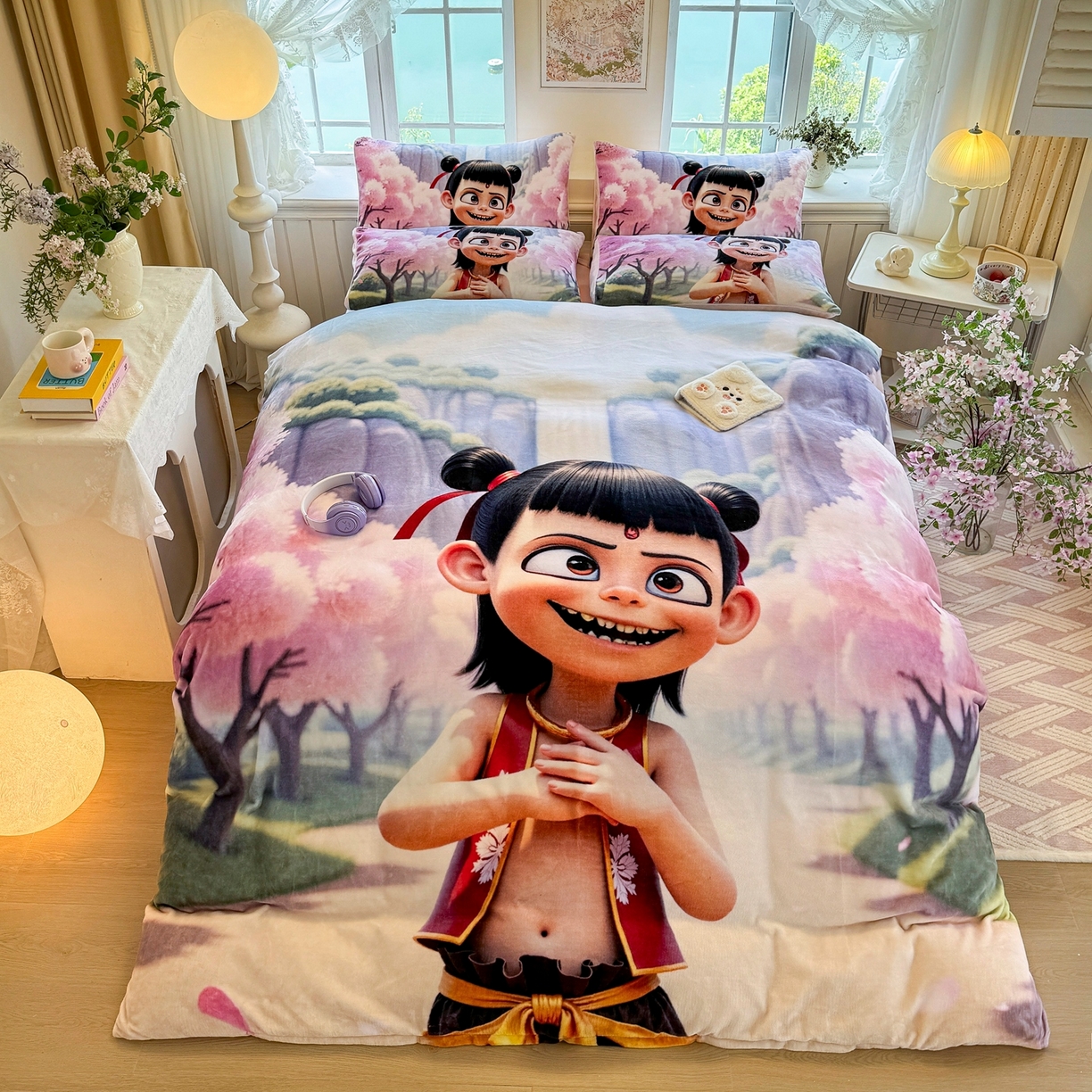 91家纺网 家纺一手货源 找家纺 馨语家居 2025新款直播热款高克重保暖卡通牛奶绒印花四件套 魔童哪吒