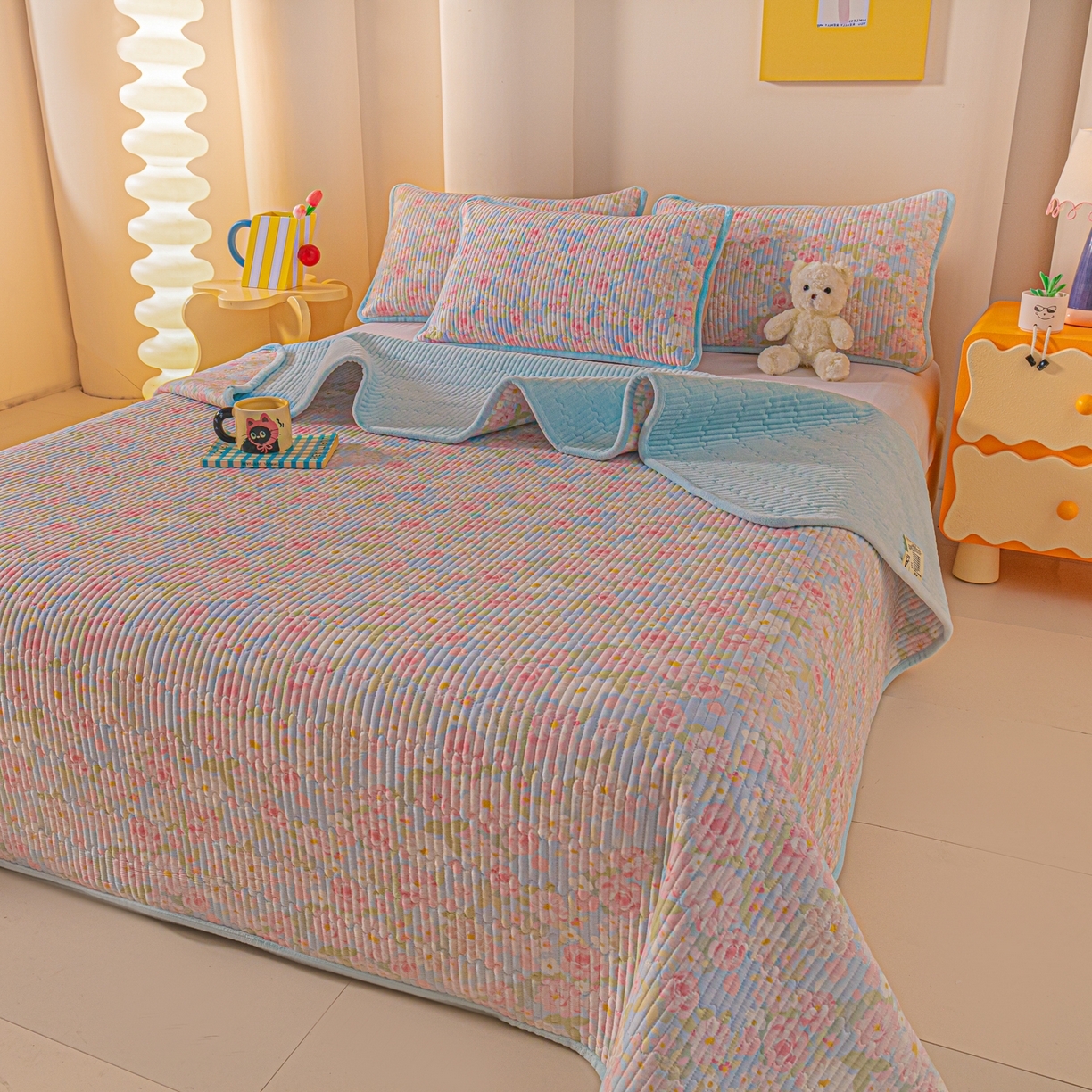 91家纺网 家纺一手货源 找家纺 恒尚居 2025新款全棉牛奶绒床盖四季可用纯棉夹棉床单床褥垫三件套-秋冬款系列三 梦幻【A纯棉-B牛奶绒】