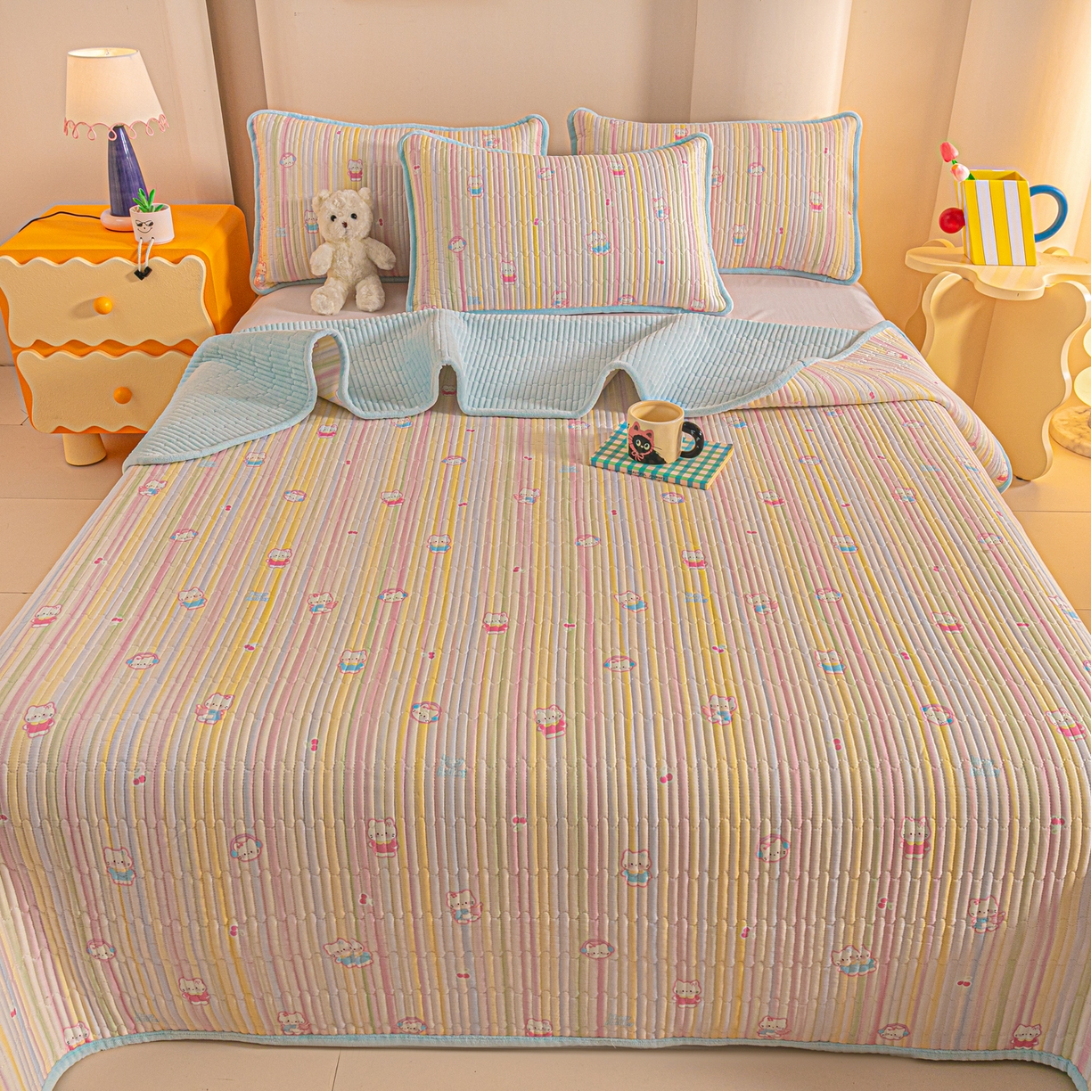 91家纺网 家纺一手货源 找家纺 恒尚居 2025新款全棉牛奶绒床盖四季可用纯棉夹棉床单床褥垫三件套-秋冬款系列三 彩虹猫【A纯棉-B牛奶绒】