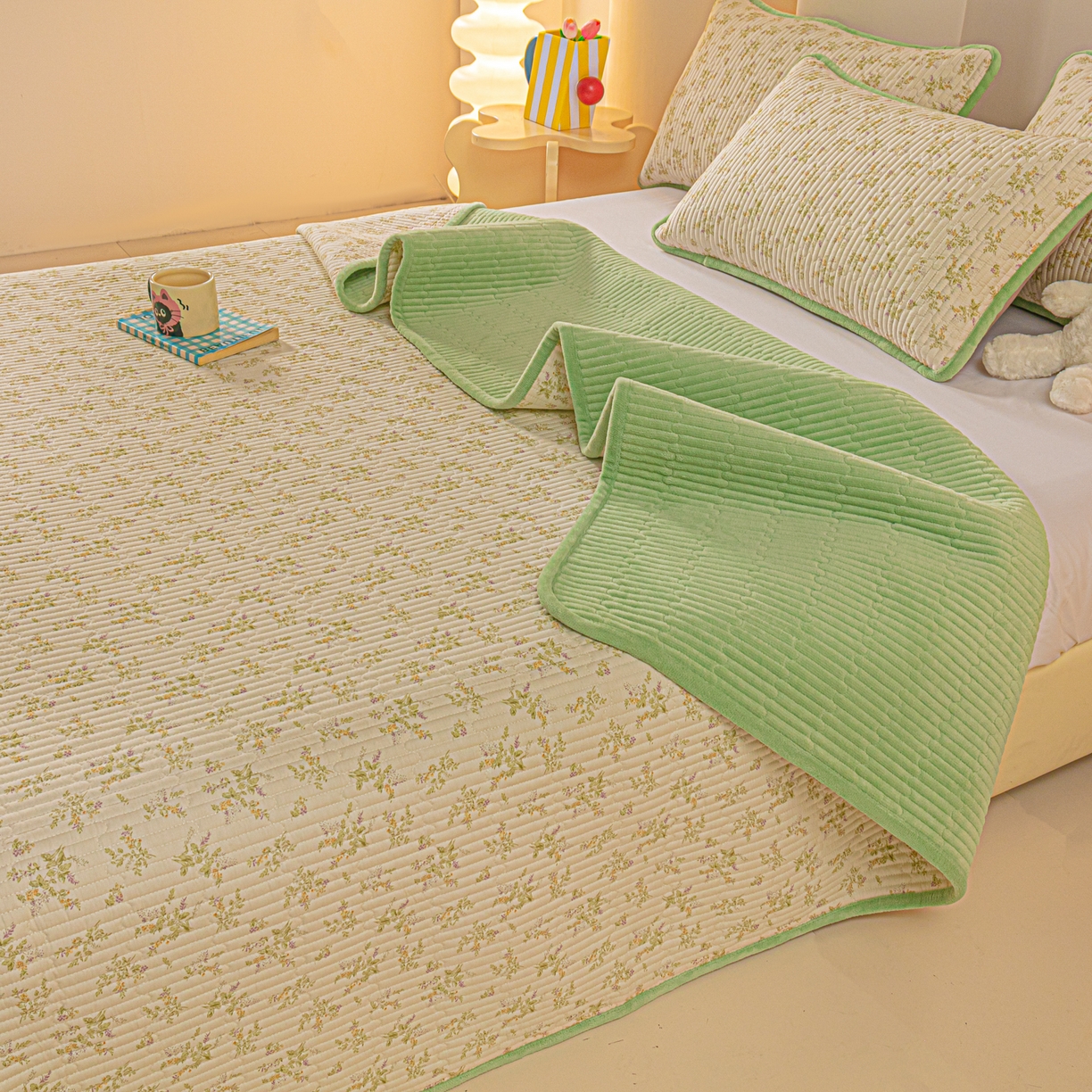 91家纺网 家纺一手货源 找家纺 恒尚居 2025新款全棉牛奶绒床盖四季可用纯棉夹棉床单床褥垫三件套-秋冬款系列三 香草园【A纯棉-B牛奶绒】