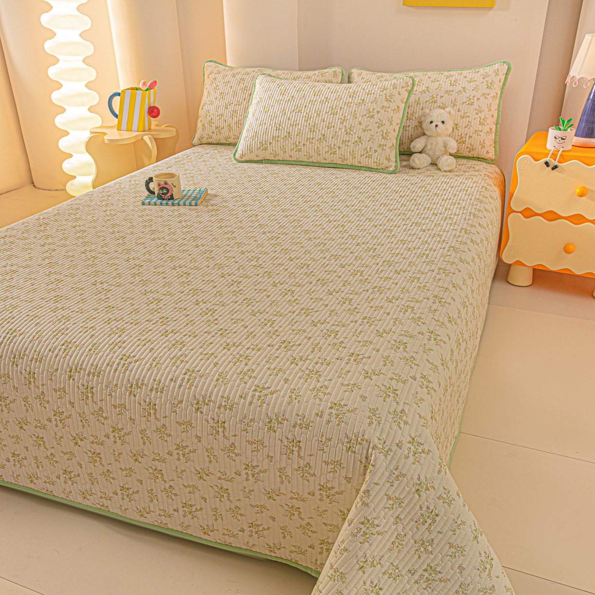 91家纺网 家纺一手货源 找家纺 恒尚居 2025新款全棉牛奶绒床盖四季可用纯棉夹棉床单床褥垫三件套-秋冬款系列三 香草园【A纯棉-B牛奶绒】