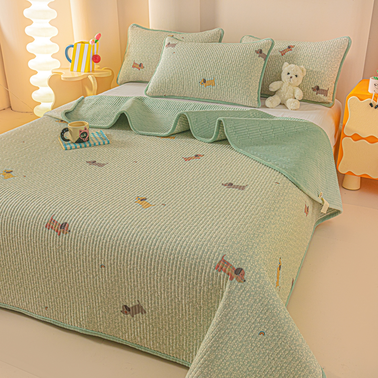 91家纺网 家纺一手货源 找家纺 恒尚居 2025新款全棉牛奶绒床盖四季可用纯棉夹棉床单床褥垫三件套-秋冬款系列三 布丁狗【A纯棉-B牛奶绒】