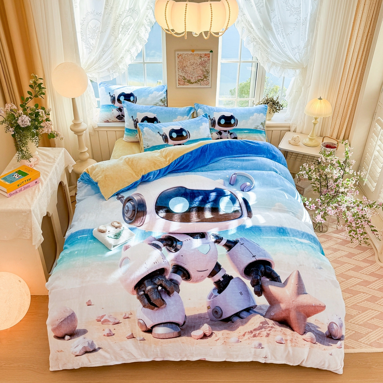 91家纺网 家纺一手货源 找家纺 馨语家居 2025新款直播热款高克重保暖卡通牛奶绒印花四件套 海洋机器人