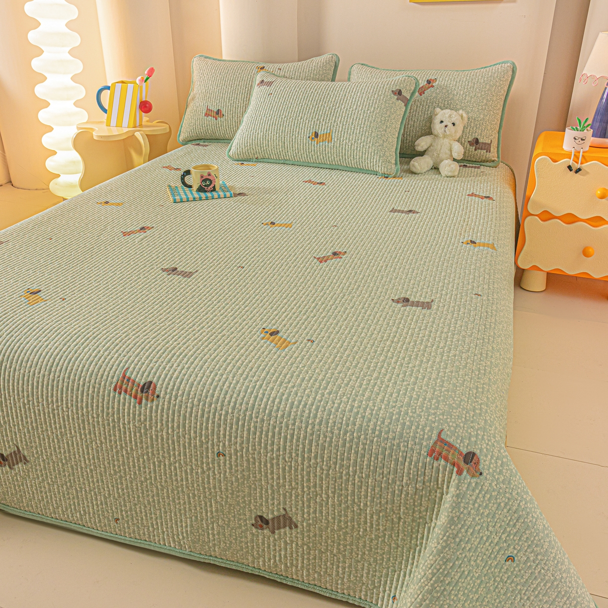 91家纺网 家纺一手货源 找家纺 恒尚居 2025新款全棉牛奶绒床盖四季可用纯棉夹棉床单床褥垫三件套-秋冬款系列三 布丁狗【A纯棉-B牛奶绒】