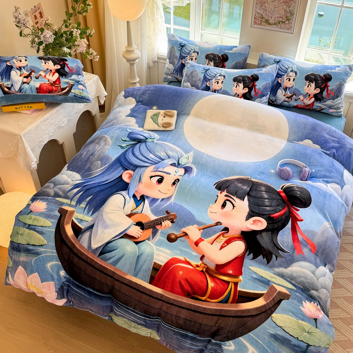 91家纺网 家纺一手货源 找家纺 馨语家居 2025新款直播热款高克重保暖卡通牛奶绒印花四件套 漂流哪吒