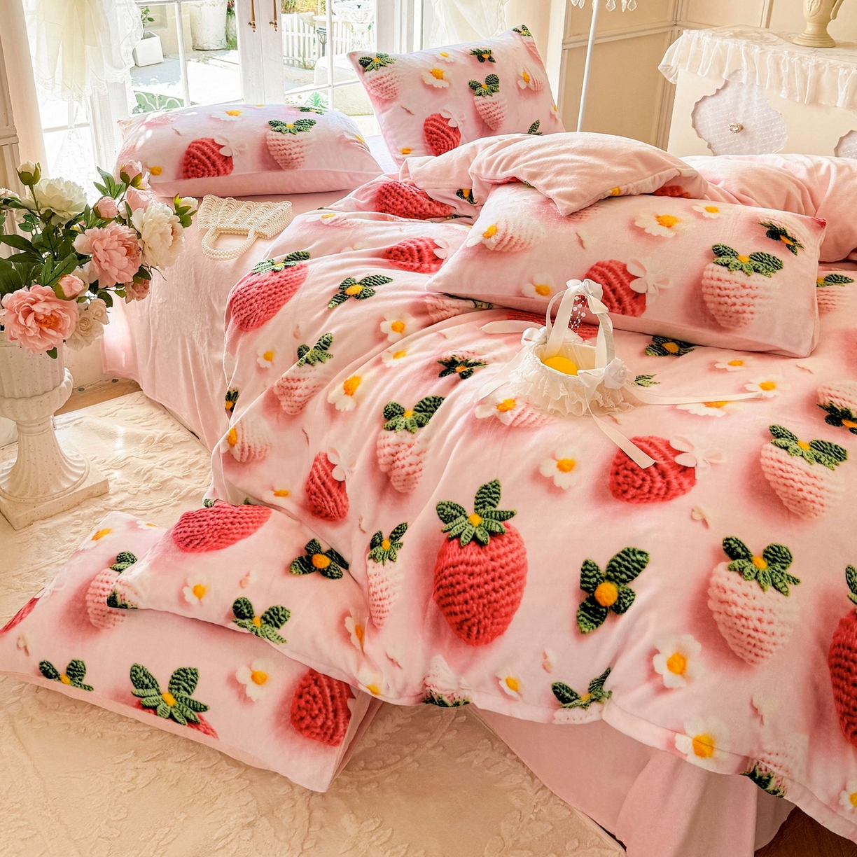 91家纺网 家纺一手货源 找家纺 馨语家居 2025新款直播热款高克重保暖卡通牛奶绒印花四件套 幸运草莓