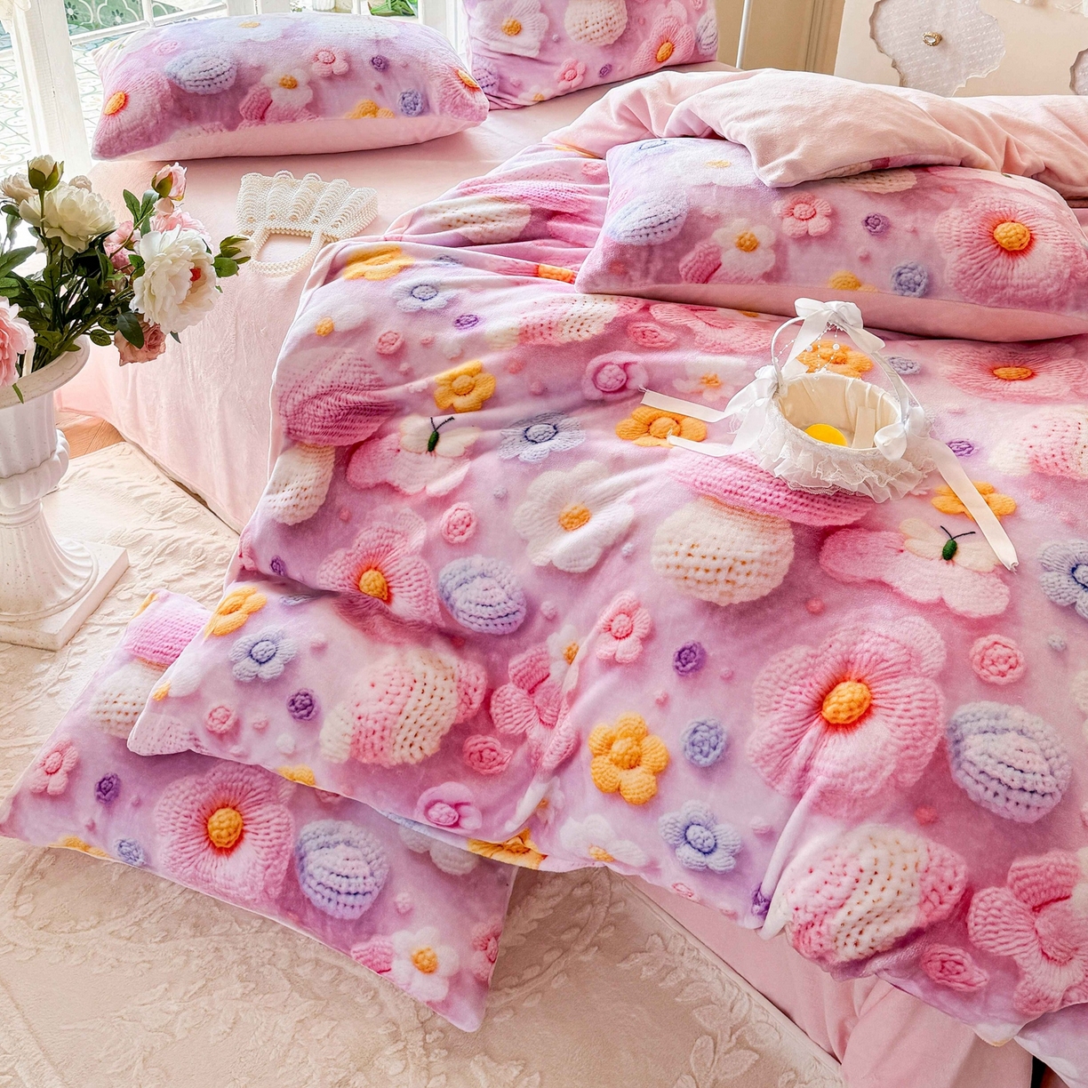 91家纺网 家纺一手货源 找家纺 馨语家居 2025新款直播热款高克重保暖卡通牛奶绒印花四件套 一路生花