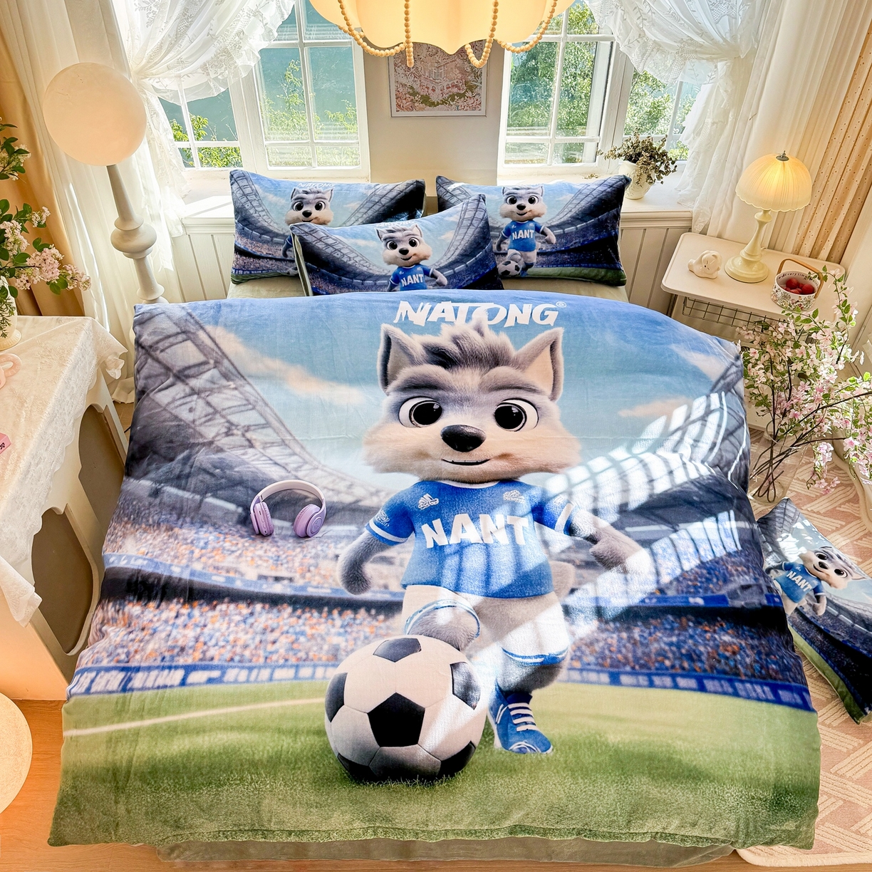 91家纺网 家纺一手货源 找家纺 馨语家居 2025新款直播热款高克重保暖卡通牛奶绒印花四件套 南通狼