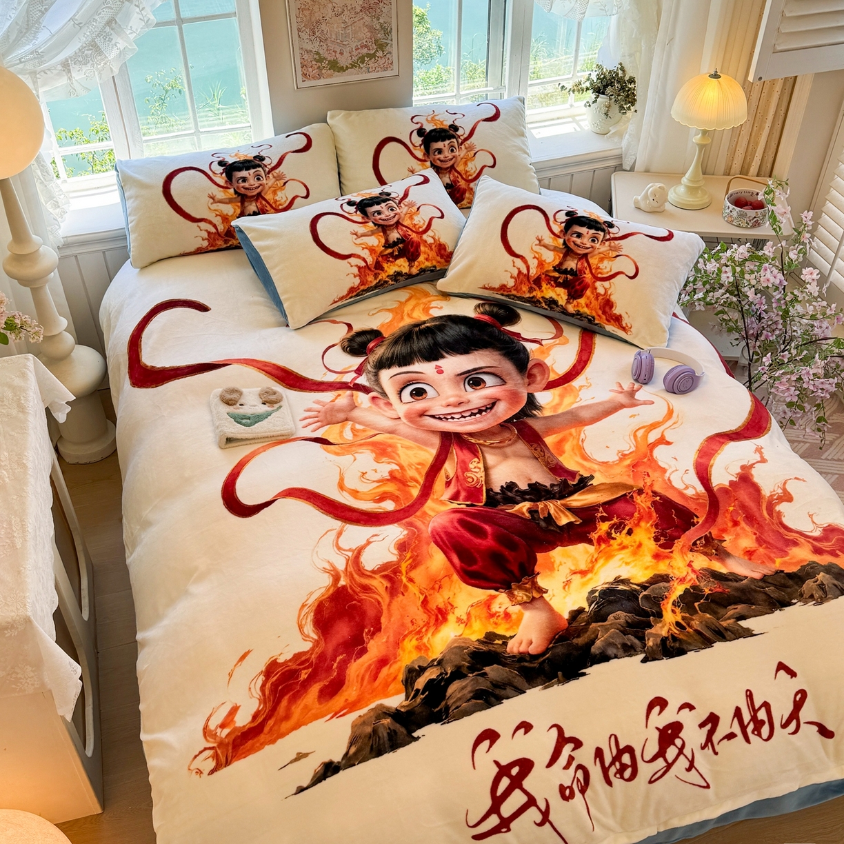 91家纺网 家纺一手货源 找家纺 馨语家居 2025新款直播热款高克重保暖卡通牛奶绒印花四件套 浴火哪吒