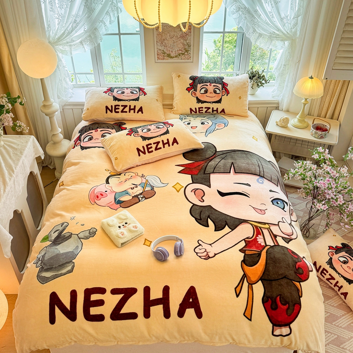 91家纺网 家纺一手货源 找家纺 馨语家居 2025新款直播热款高克重保暖卡通牛奶绒印花四件套 少年哪吒